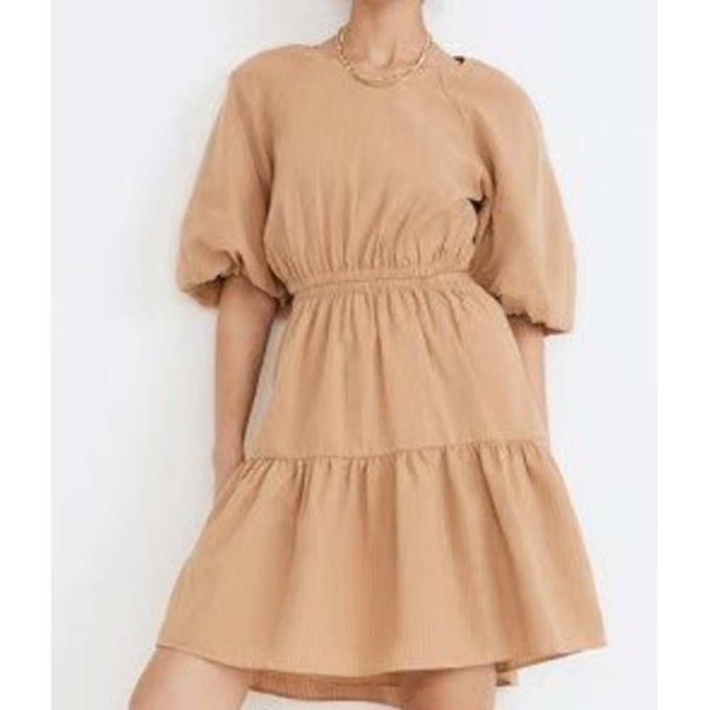 Madewell Seersucker Mini Dress Medium NWT Tan Puff Sleeve Cut Out NF870 - Picture 2 of 16